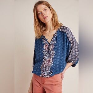 Anthropologie Maeve Letizia Ruffled Blouse Blue Motif